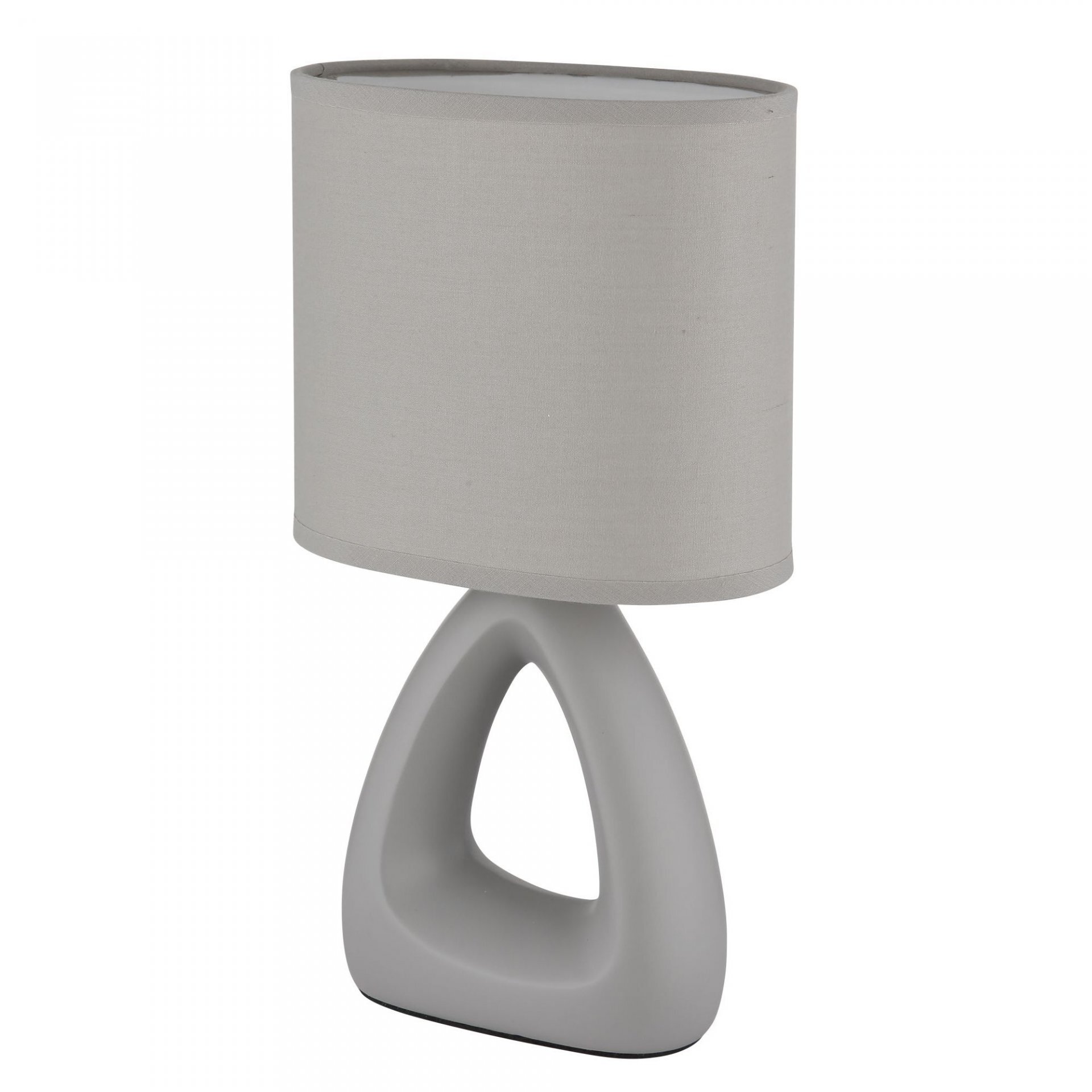 Nowoczesna lampa stołowa z szarym, owalnym abażurem i trójkątną podstawą w kolorze szarym. Lampa ma minimalistyczny design, idealny do sypialni lub salonu.