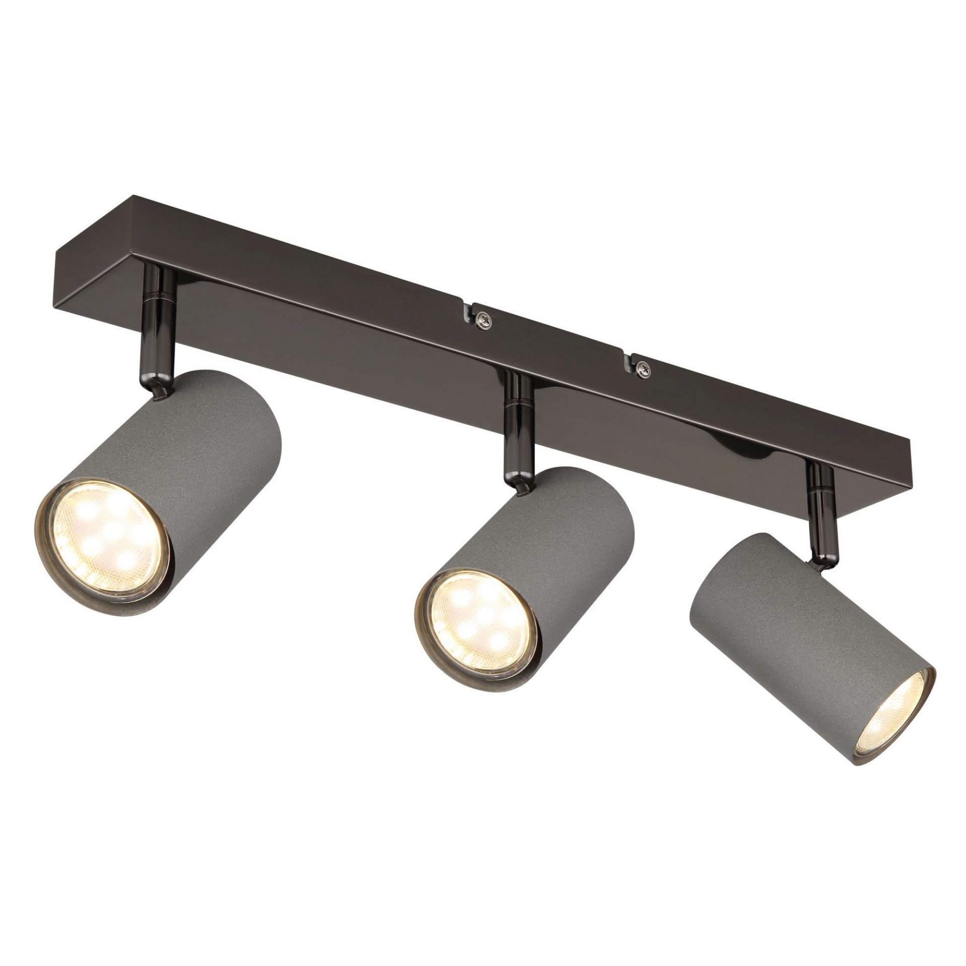 Na obrazie widoczna jest lampa sufitowa z trzema regulowanymi reflektorami w cylindrycznym kształcie, zamontowana na prostokątnej podstawie. Reflektory emitują ciepłe światło.