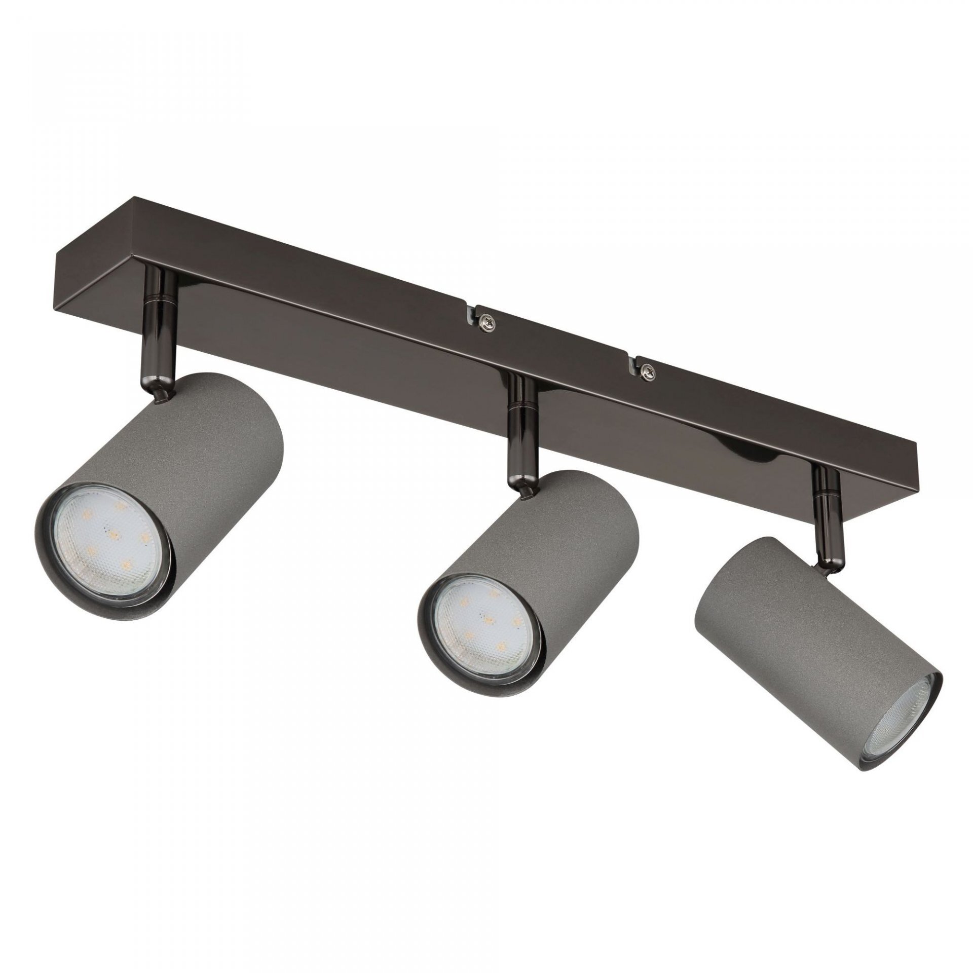 Lampa sufitowa z trzema regulowanymi reflektorami w stylu industrialnym, zamontowana na prostokątnej listwie. Reflektory mają cylindryczny kształt i są w kolorze szarym.