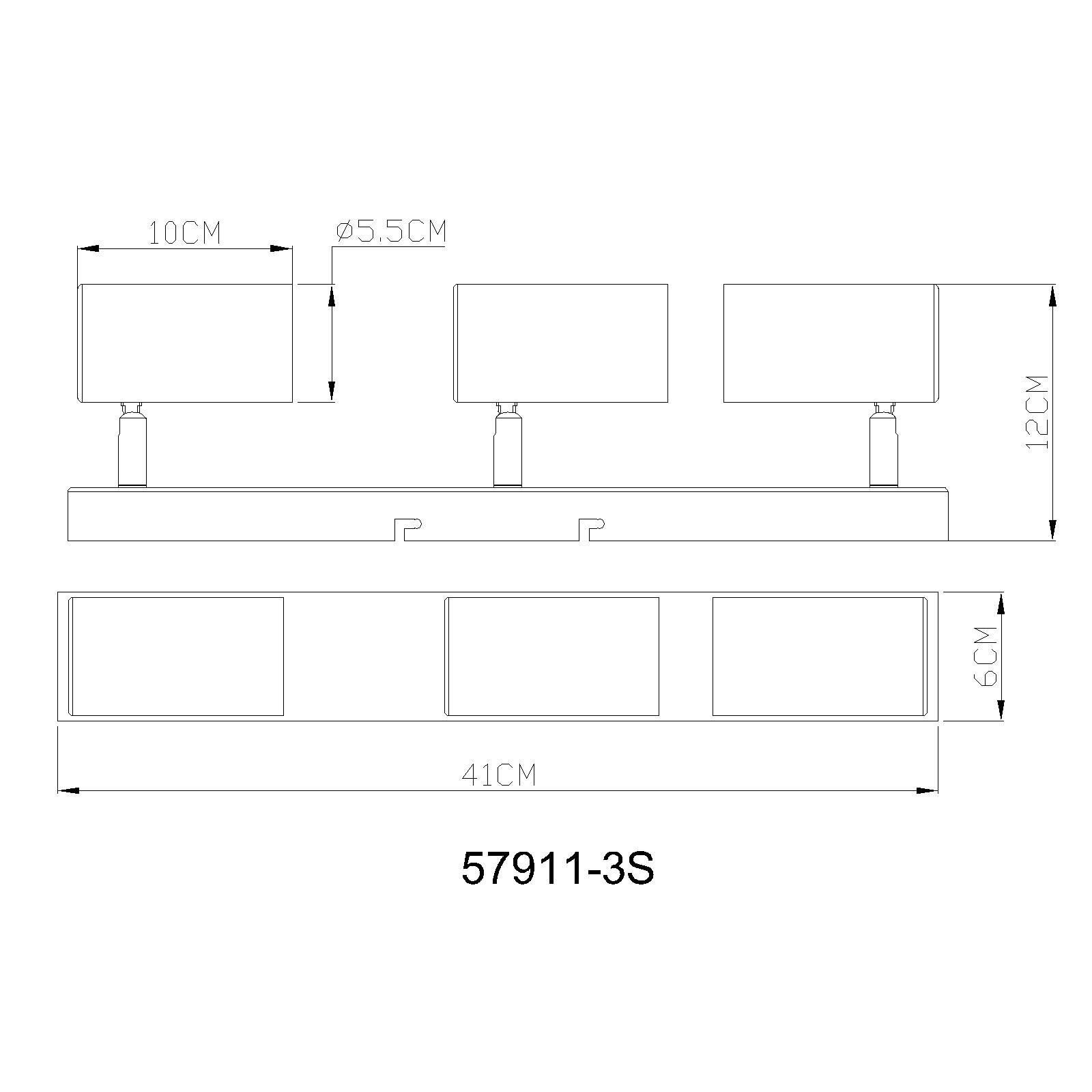 Schemat techniczny lampy sufitowej z trzema regulowanymi głowicami, z wymiarami: 10CM, Ø5.5CM, 12CM, 41CM, 6CM. Widoczny numer modelu: 57911-3S.