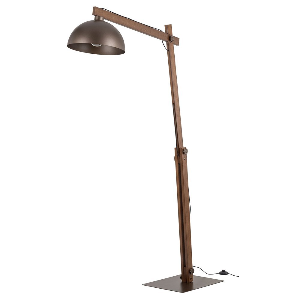 Lampa podłogowa w stylu industrialnym z brązowym kloszem i regulowanym ramieniem, wykonana z materiału przypominającego drewno. Posiada prostokątną podstawę i przewód z włącznikiem nożnym.
