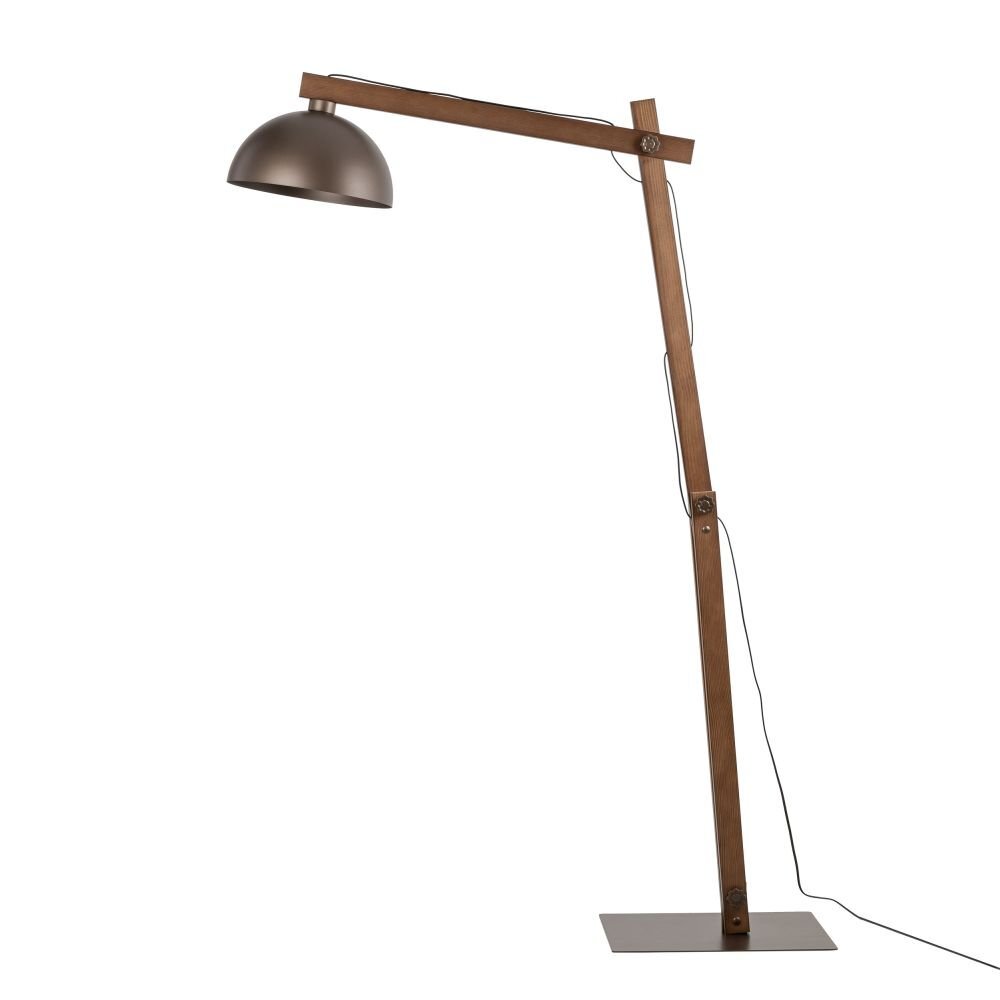 Lampa podłogowa w stylu industrialnym z brązowym kloszem i drewnianą, regulowaną konstrukcją. Posiada prostokątną podstawę i przewód zasilający.