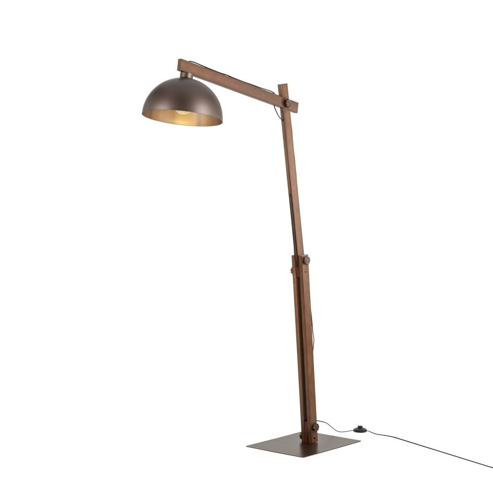 Lampa podłogowa o industrialnym wyglądzie z brązowym kloszem i drewnianą, regulowaną podstawą. Posiada przewód z włącznikiem nożnym.