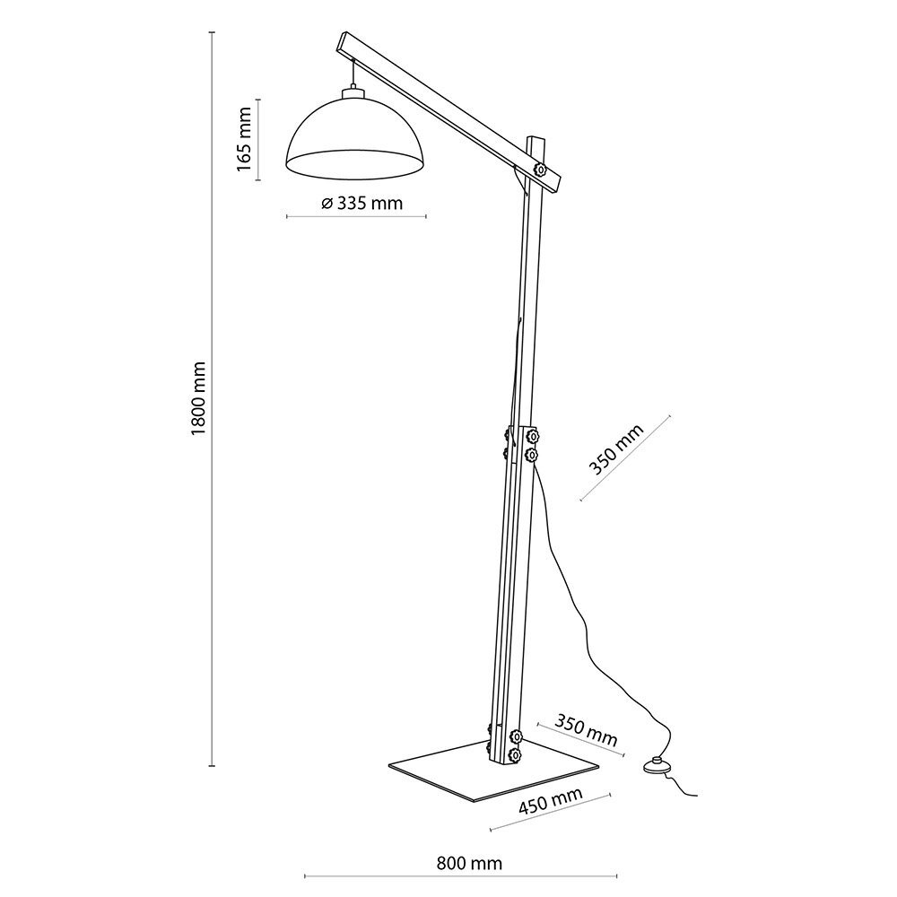 Schemat lampy podłogowej z wymiarami: wysokość 1800 mm, średnica klosza 335 mm, długość ramienia 350 mm, szerokość podstawy 450 mm, długość kabla 800 mm.