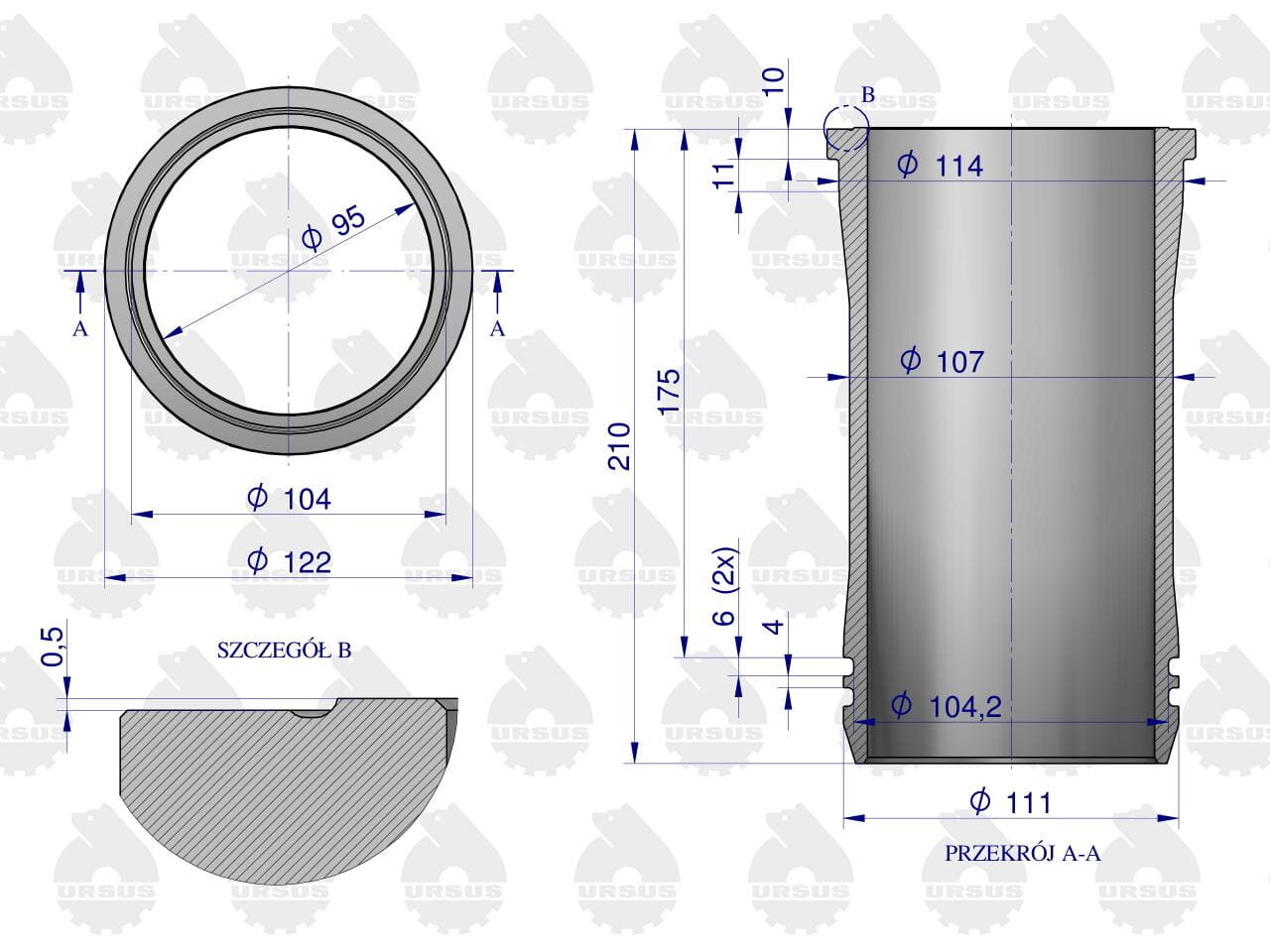 Rysunek techniczny przedstawia przekrój i widok z góry elementu cylindrycznego z wymiarami. Widoczne są oznaczenia takie jak \'Φ 95\', \'Φ 104\', \'Φ 122\', \'Φ 114\', \'Φ 107\', \'Φ 104,2\', \'Φ 111\' oraz \'SZCZEGÓŁ B\'.