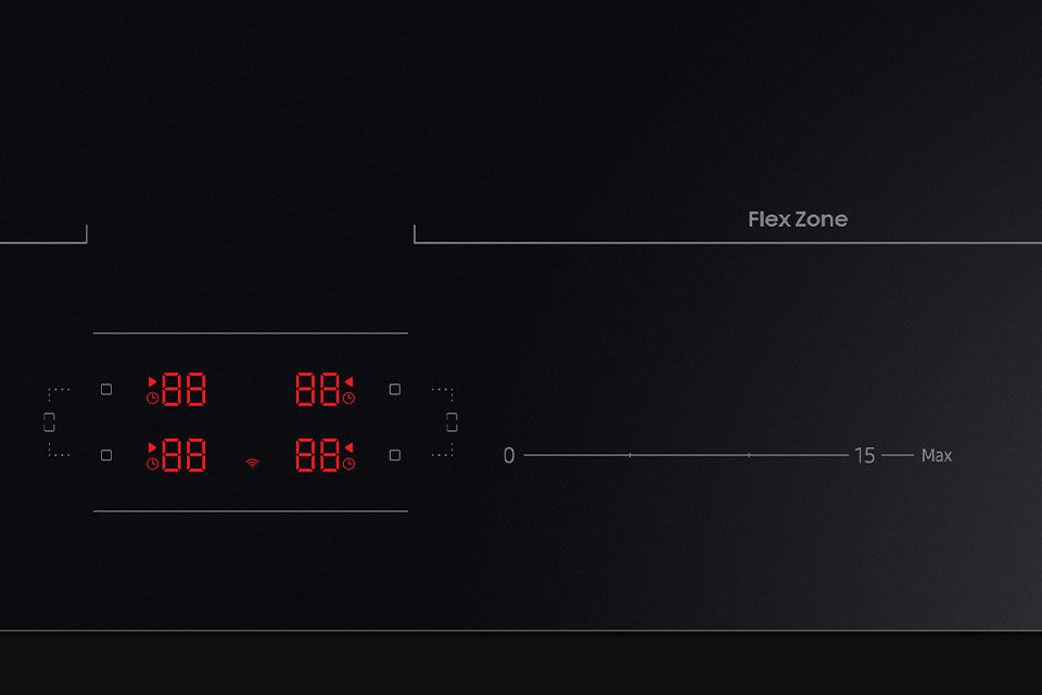 Czarna płyta indukcyjna z czerwonymi wyświetlaczami cyfrowymi pokazującymi liczby 88. Widoczny napis \'Flex Zone\' oraz skala od 0 do Max z oznaczeniem 15.