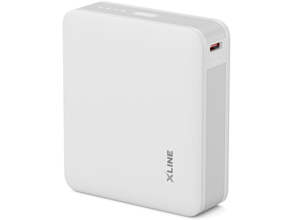Biały powerbank z logo \'XLINE\' na boku, posiada port USB typu C z oznaczeniem \'Type-C In/Out\'.