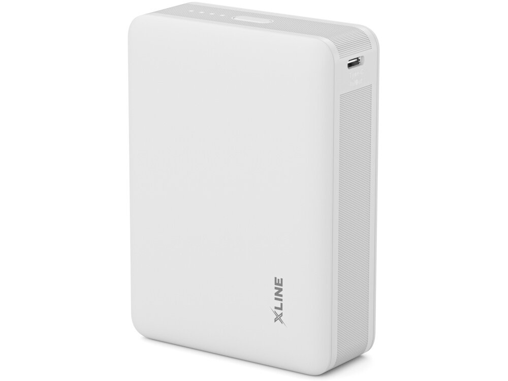 Biały powerbank z logo \'XLINE\' na obudowie. Posiada port USB i wskaźnik naładowania na górnej powierzchni.