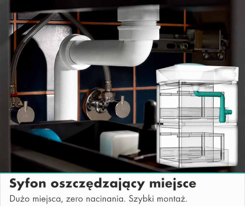 UMYWALKA Z 2 SZUFLADAMI HANSGROHE Syfon oszczędzający miejsce pod umywalką. Konstrukcja zwiększa przestrzeń wewnątrz szafki szafka z umywalką design oszczędność miejsca funkcjonalna łazienka