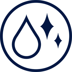 Ikona przedstawia ciemnoniebieską kroplę wody i dwie błyszczące gwiazdki w okręgu.