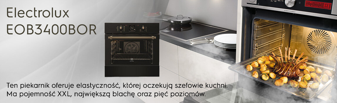 Obraz przedstawia piekarnik Electrolux EOB3400BOR w kuchni, z otwartymi drzwiczkami i pieczonym mięsem oraz ziemniakami na blasze. Tekst na obrazie: \'Ten piekarnik oferuje elastyczność, której oczekują szefowie kuchni. Ma pojemność XXL, największą blachę oraz pięć poziomów.\'