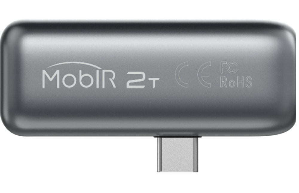 Srebrne urządzenie z napisem \'MobIR 2T\' oraz symbolami CE i RoHS, z widocznym złączem USB-C.