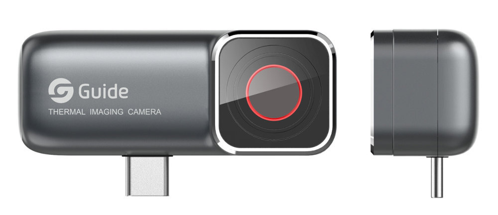 Kamera termowizyjna w kolorze szarym z logo \'Guide\' i napisem \'THERMAL IMAGING CAMERA\'. Urządzenie posiada złącze USB-C i okrągły obiektyw z czerwonym akcentem.