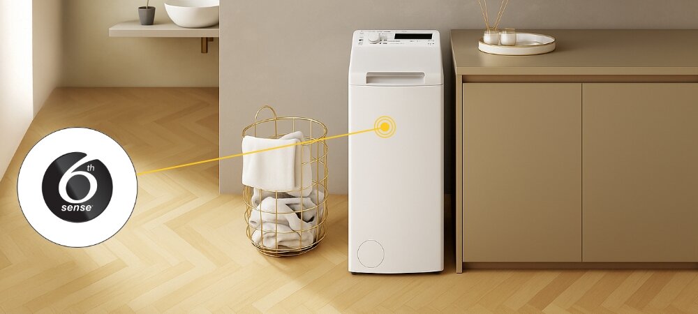 PRALKA WHIRLPOOL MTDLR 6040S PL/N Zdjęcie przedstawia pralkę ładowaną od góry z wyróżnionym systemem 6th Sense. Element graficzny pokazuje, gdzie technologia optymalizuje proces prania technologia 6 Zmysł inteligentne czujniki automatyczne dopasowanie