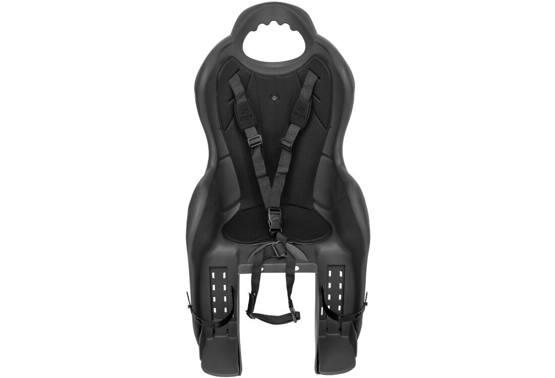 Grafitowo-czarny fotelik rowerowy z pasami bezpieczeństwa i otworem na uchwyt u góry. Posiada otwory wentylacyjne w dolnej części.