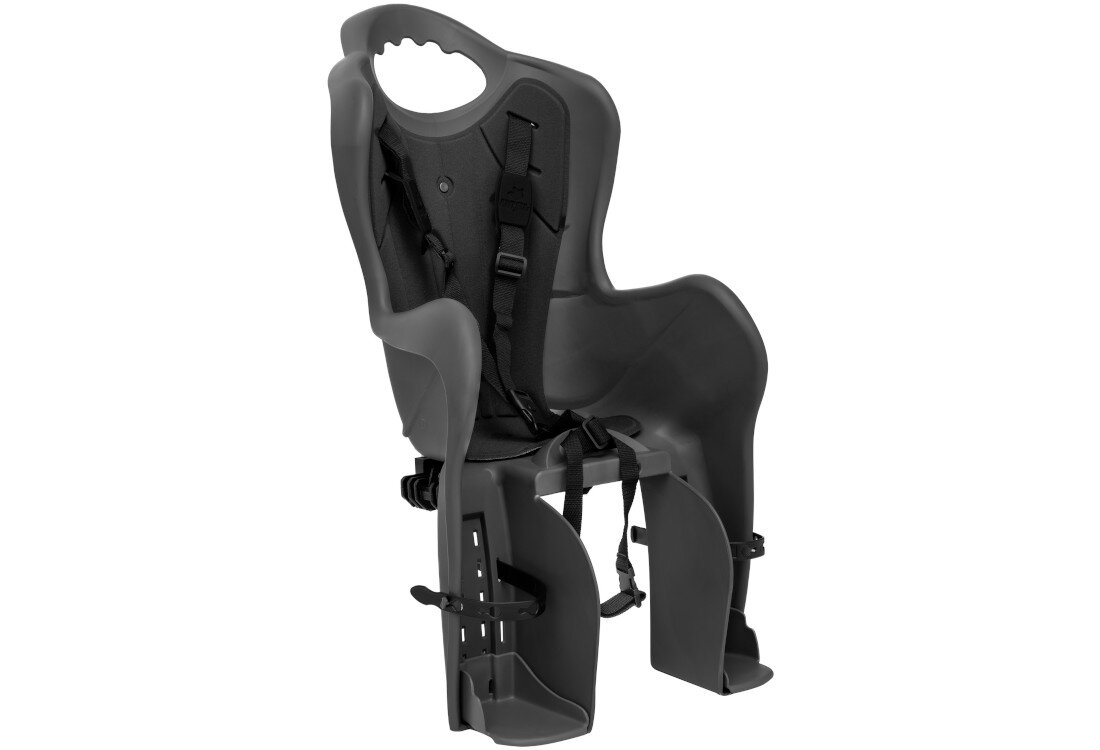 Grafitowo-czarny fotelik rowerowy z pasami bezpieczeństwa i miejscem na nogi dziecka. Fotelik ma ergonomiczny kształt i otwór na uchwyt w górnej części oparcia.