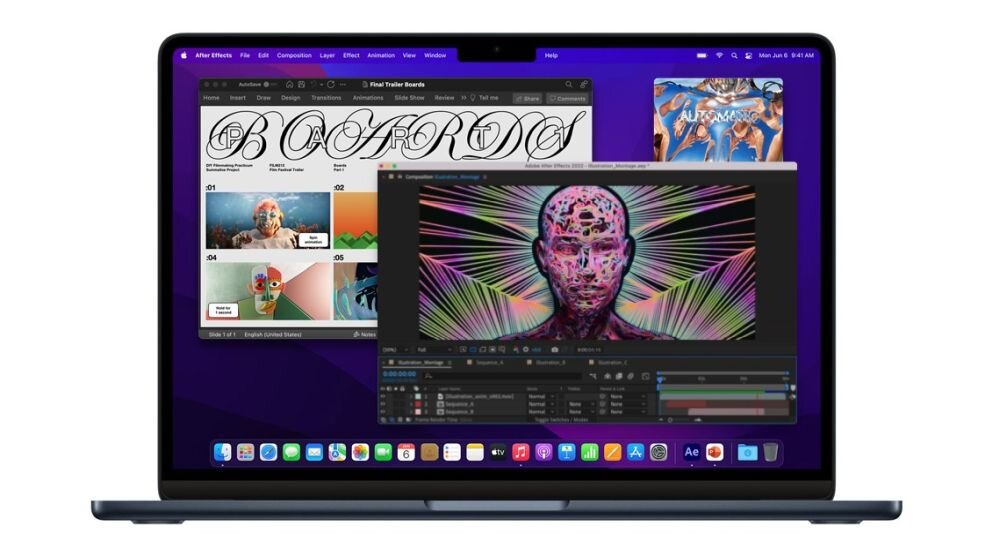 Laptop z wyświetlaczem pokazującym różne aplikacje graficzne i multimedialne. Na ekranie widoczne są kolorowe grafiki oraz interfejsy programów do edycji obrazu.