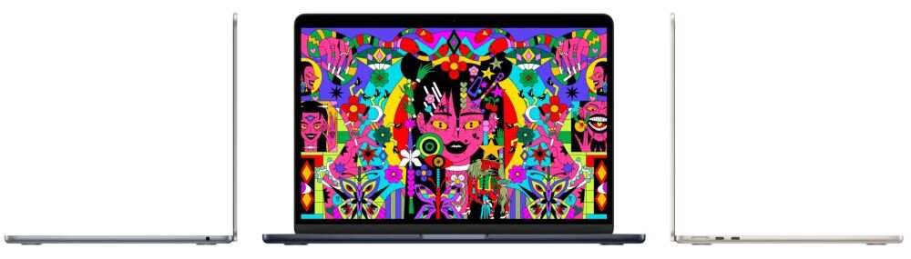 Na obrazie widoczny jest laptop z kolorowym, abstrakcyjnym wzorem na ekranie. Laptop jest pokazany z przodu oraz z profilu z obu stron.