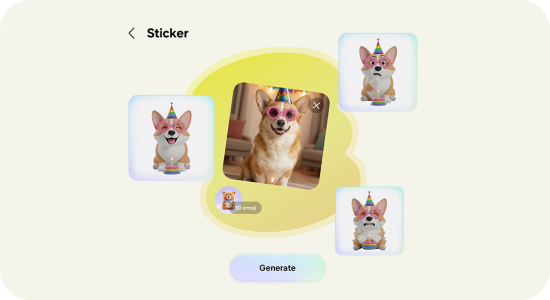 Na ekranie aplikacji widoczny jest pies w okularach i czapce urodzinowej, otoczony trzema naklejkami przedstawiającymi podobnego psa. Na dole znajduje się przycisk z napisem \'Generate\'.