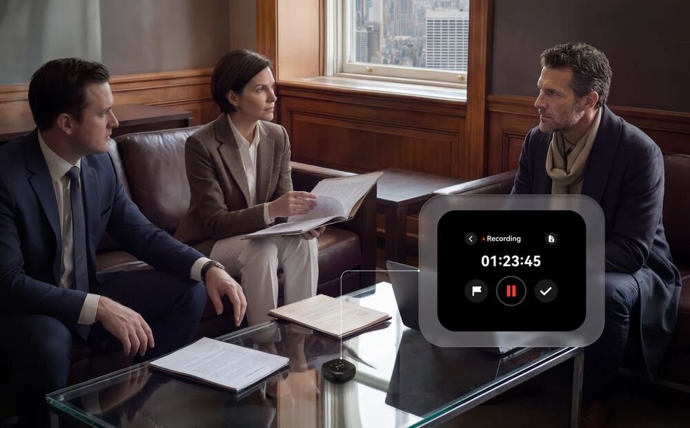 Słuchawki dokanałowe SOUNDCORE Liberty 5 Pro Max ANC notatnik AI transkrypcja iOS Android, etui leżące na stole