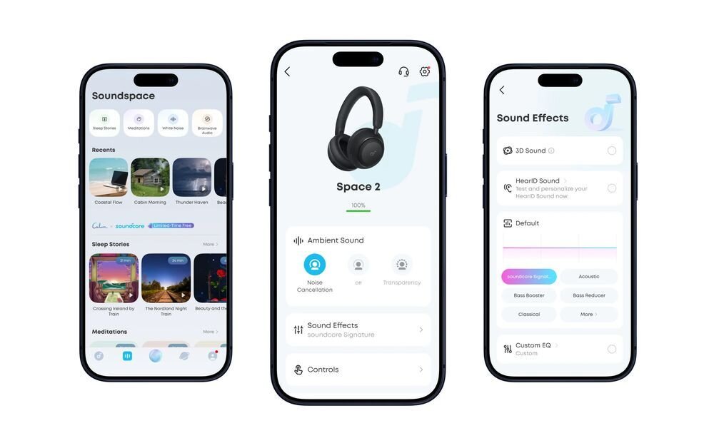 Słuchawki nauszne SOUNDCORE Space 2 ANC aplikacja soundcore korektor personalizacja dźwięku, trzy smartfony na jasnym tle