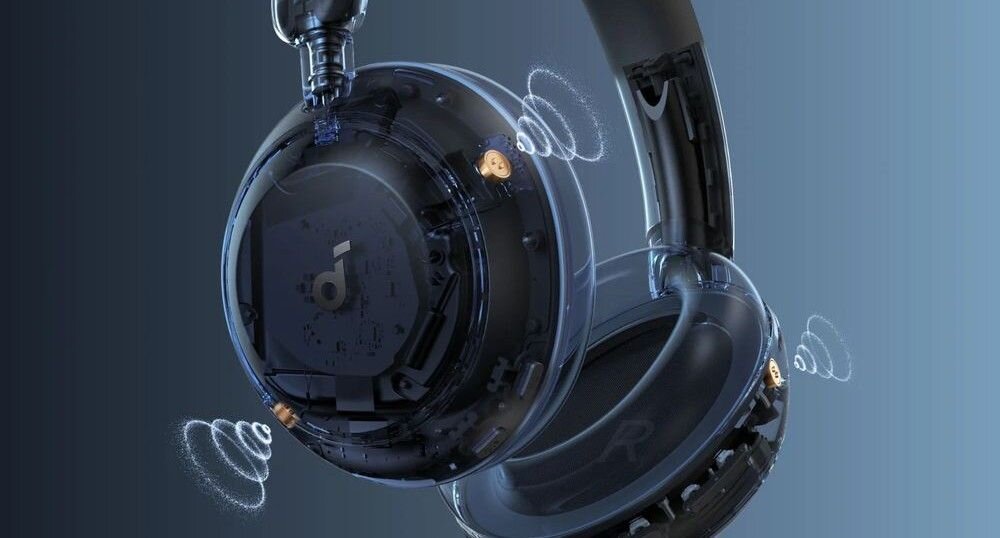 Słuchawki nauszne SOUNDCORE Space 2 ANC trzy mikrofony AI Clear Calls rozmowy telefoniczne, przekrój słuchawek na ciemnym tle