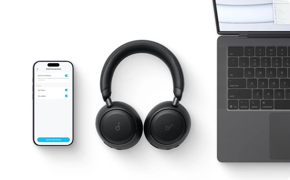 Słuchawki nauszne SOUNDCORE Space 2 ANC Bluetooth 6.1 dwa urządzenia połączenie bezprzewodowe, słuchawki nasuzne, smartfon oraz laptop na jasnym tle