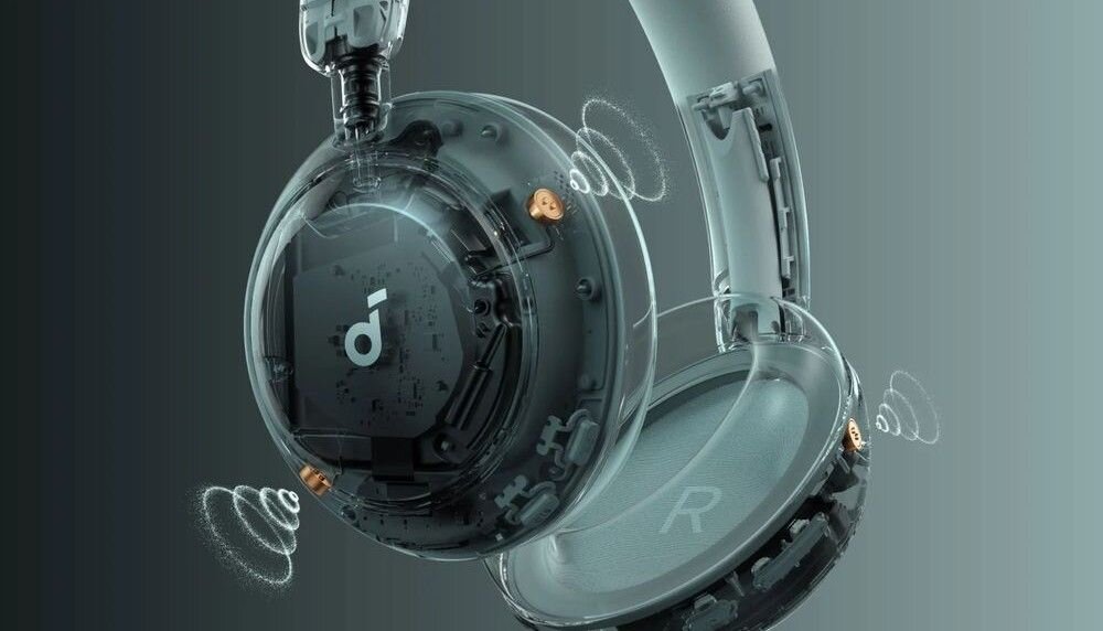 Słuchawki nauszne SOUNDCORE Space 2 ANC trzy mikrofony AI Clear Calls rozmowy telefoniczne, przekrój słuchawek na ciemnym tle