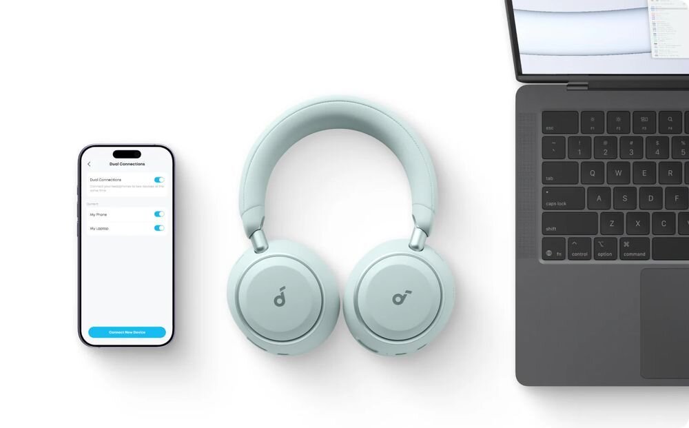 Słuchawki nauszne SOUNDCORE Space 2 ANC Bluetooth 6.1 dwa urządzenia połączenie bezprzewodowe, słuchawki nasuzne, smartfon oraz laptop na jasnym tle