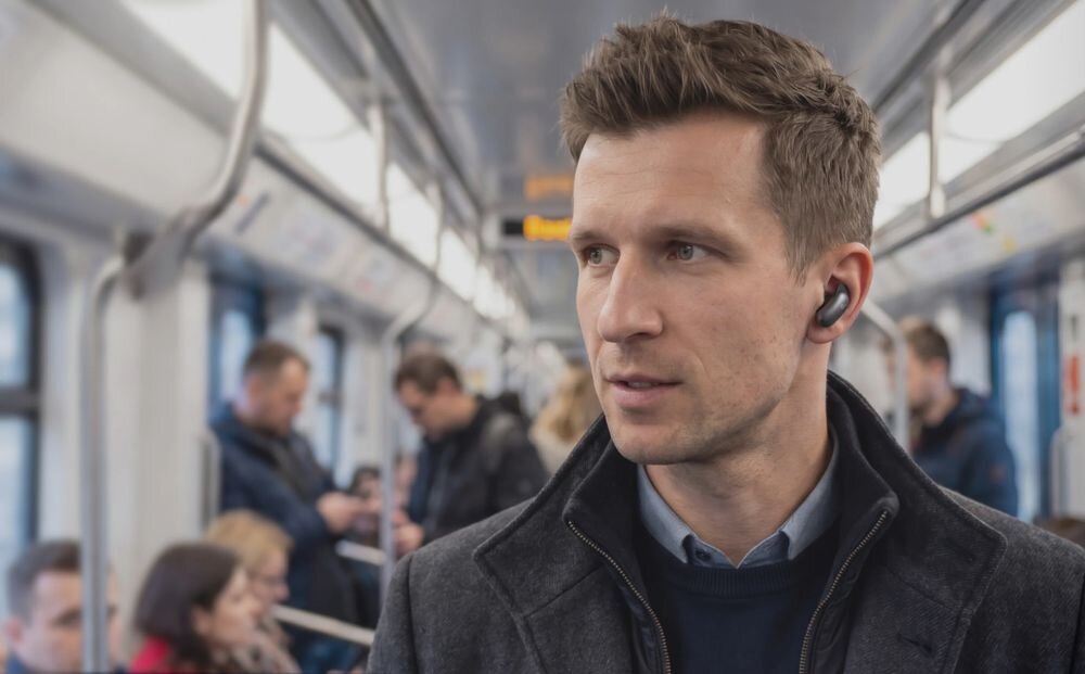 Słuchawki dokanałowe SOUNDCORE Liberty 5 Pro Max ANC 4.0 aktywna redukcja szumów, osoba z założonymi słuchawkami