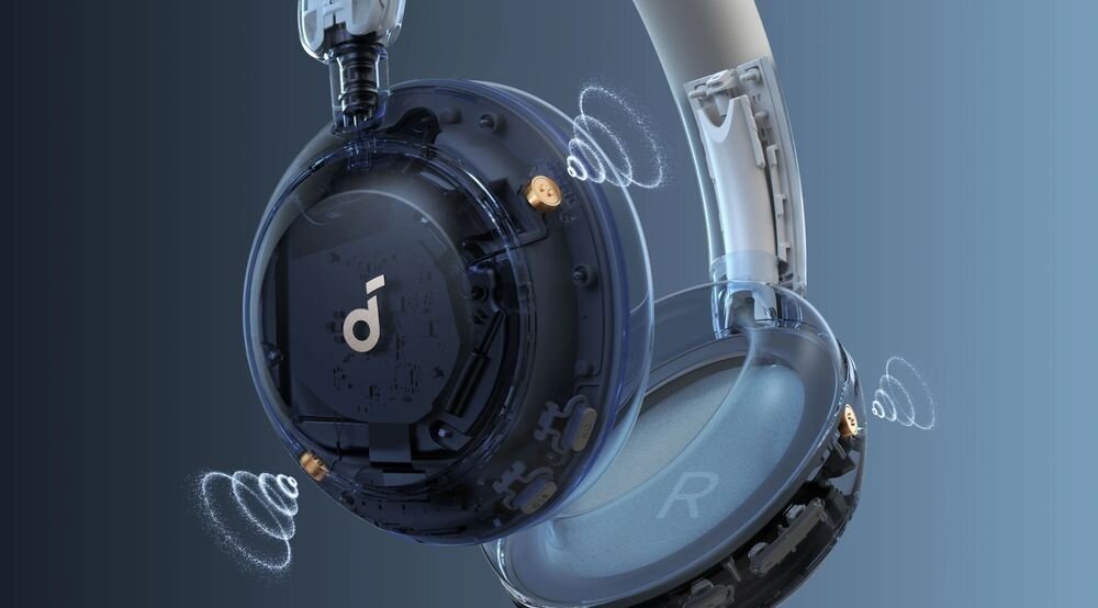 Słuchawki nauszne SOUNDCORE Space 2 ANC trzy mikrofony AI Clear Calls rozmowy telefoniczne, przekrój słuchawek na ciemnym tle