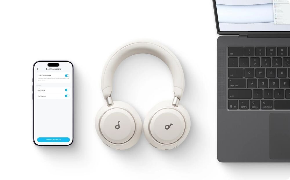 Słuchawki nauszne SOUNDCORE Space 2 ANC Bluetooth 6.1 dwa urządzenia połączenie bezprzewodowe, słuchawki nasuzne, smartfon oraz laptop na jasnym tle