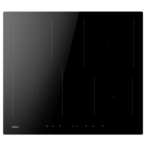 Czarna płyta indukcyjna z czterema strefami grzewczymi i dotykowym panelem sterowania. Widoczne logo: Amica.
