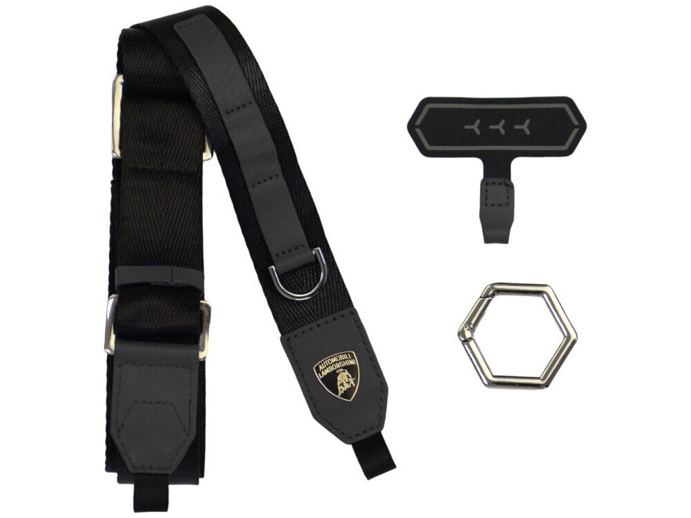 Czarna smycz do telefonu z logo Lamborghini, metalowym pierścieniem i dodatkowymi elementami mocującymi.