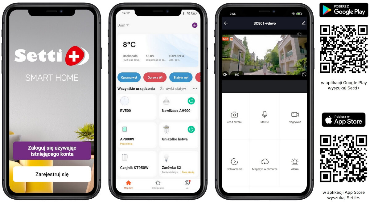 Trzy ekrany aplikacji Setti+ na smartfonach, pokazujące różne funkcje zarządzania urządzeniami smart home. Obok znajdują się kody QR do pobrania aplikacji z Google Play i App Store.