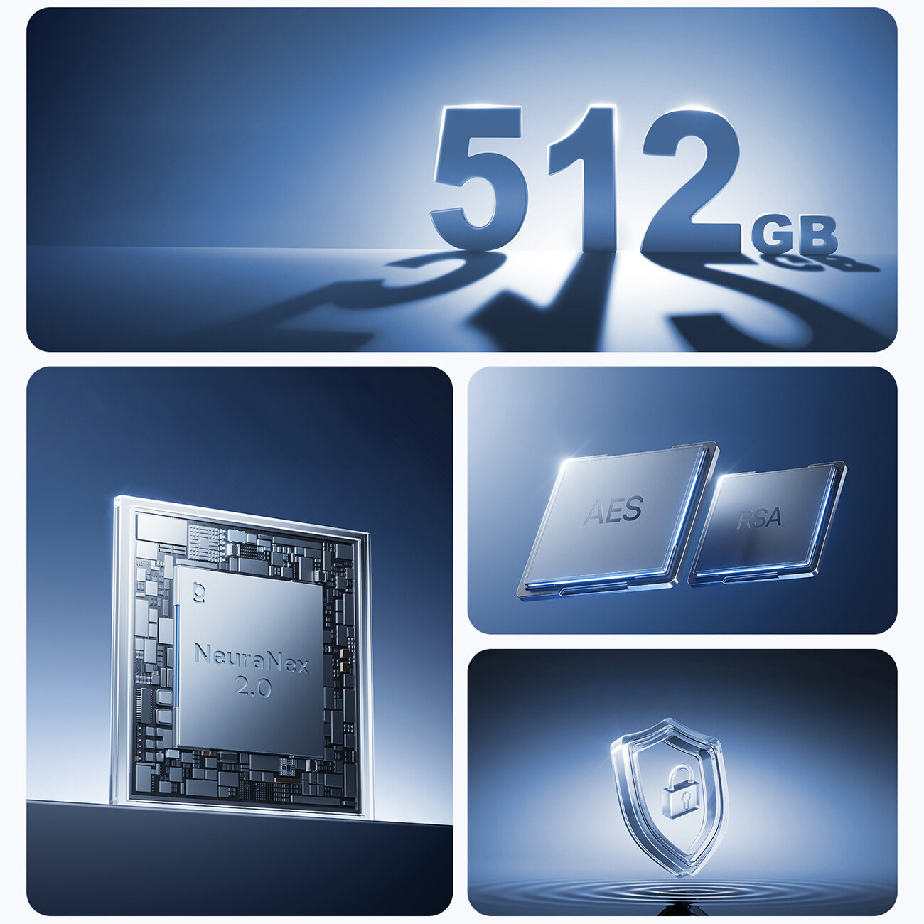 Obraz przedstawia cyfry \'512 GB\' oraz elementy technologiczne z napisami \'NeuraNex 2.0\', \'AES\' i \'RSA\'. Widoczny jest również symbol tarczy z kłódką.