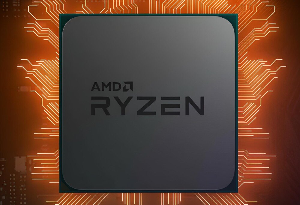 Komputer MAD DOG ARYA-A18WR32WH Zbliżenie na procesor komputerowy z napisem AMD RYZEN na tle pomarańczowych ścieżek sygnałowych