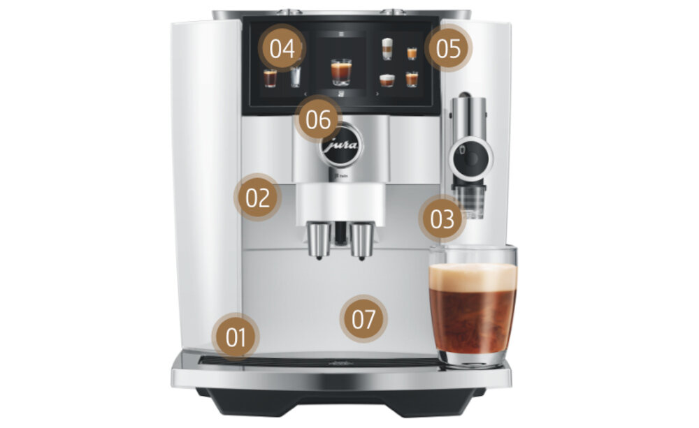 Ekspres JURA J8 Twin EA Diamond Biały Proces Ekstrakcji Pulsacyjnej (P.E.P.®) Funkcja Sweet Foam Dwa młynki dwa pojemniki na ziarna Czyszczenie Funkcja Kontroli Aromatu 31 specjałów kawowych CoffeeEye