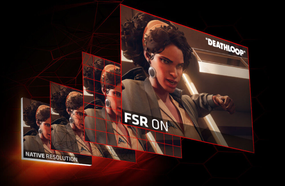 Komputer MAD DOG ARYA-A19WR16WH Grafika prezentująca różnicę w jakości obrazu przed i po włączeniu technologii AMD FSR (FidelityFX Super Resolution) w grze Deathloop