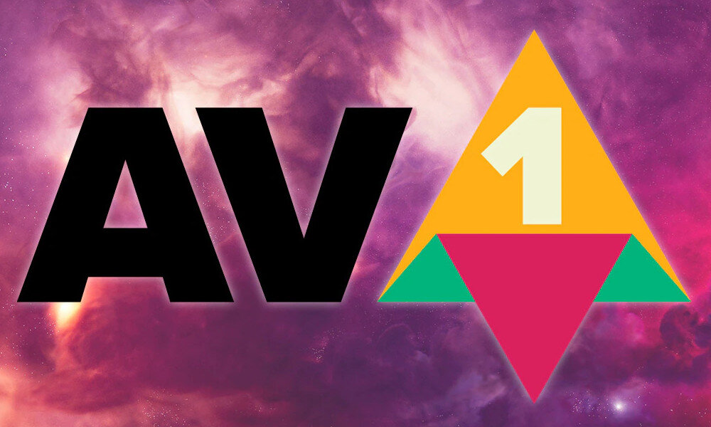 Komputer MAD DOG ARYA-A19WR16WP Logo kodeka wideo AV1 na kolorowym, kosmicznym tle, symbolizujące technologie kompresji obrazu