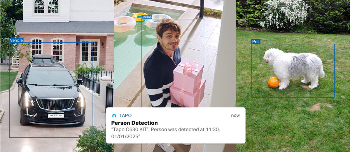 Kamera TP-LINK Tapo C610 Zewnętrzna, Wi-Fi, Kamera obrotowa, aplikacja, strefy, kontrola, monitoring, 3 zdjęcia pokazujące zastosowanie kamery tplink