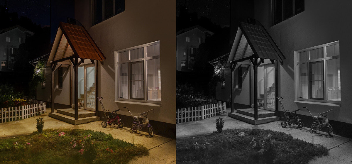 Kamera TP-LINK Tapo C610 Zewnętrzna, Wi-Fi, Kamera obrotowa, reflektory, noc, kolory, widoczność, dom w scenerii nocnej i kolorowej