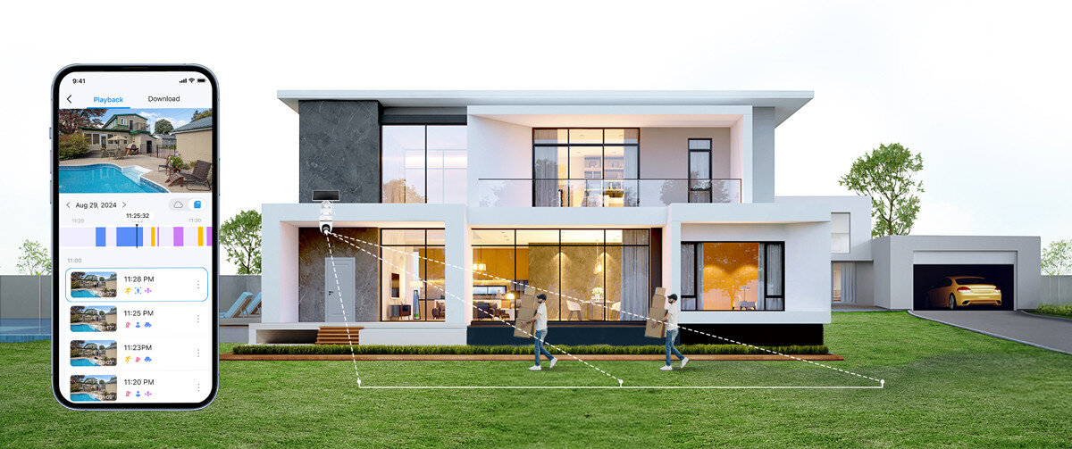 Kamera TP-LINK Tapo C610 Zewnętrzna, Wi-Fi, Kamera obrotowa, wykrywanie, ludzie, aplikacja, alerty, dom jednorodzinny z wizualizacją obserwacji obszaru, na pierwszym planie smartfon