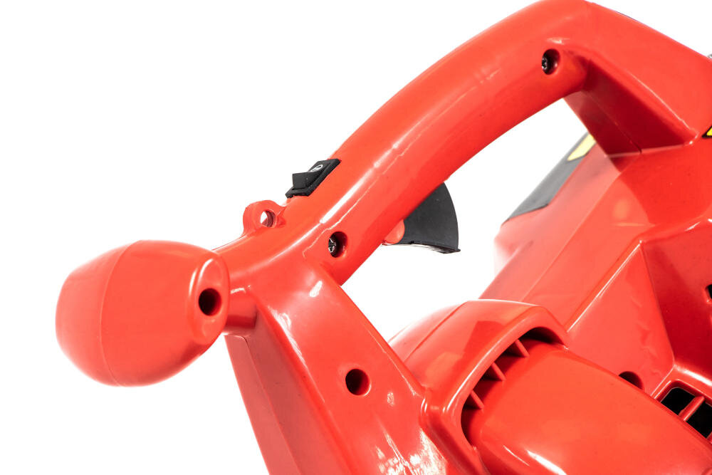 Czerwony uchwyt urządzenia z widocznym przyciskiem i otworami montażowymi.