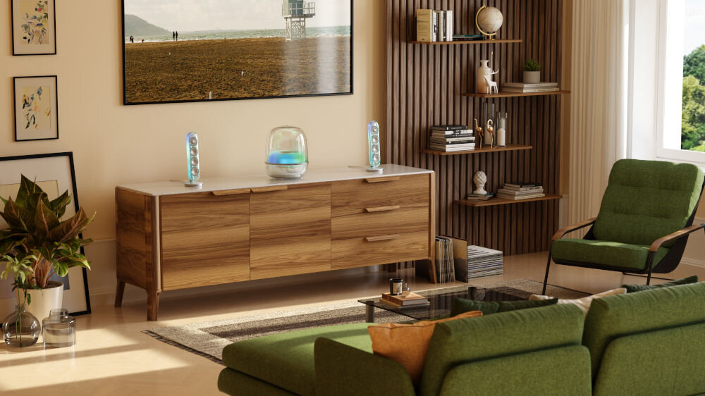 Głośnik HARMAN KARDON Soundstick 5 trójdrożna konstrukcja pasmo 40 Hz 20 kHz, zestaw kolumn stojący na komodzie na zawieszonym telewizorem