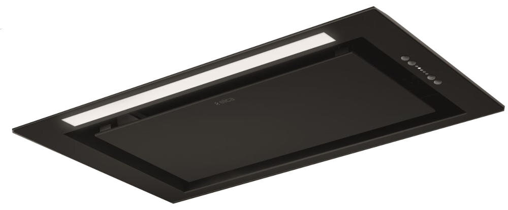 Czarny okap kuchenny z prostokątnym panelem i wbudowanym oświetleniem. Na panelu widoczne jest logo \'Elica\'.
