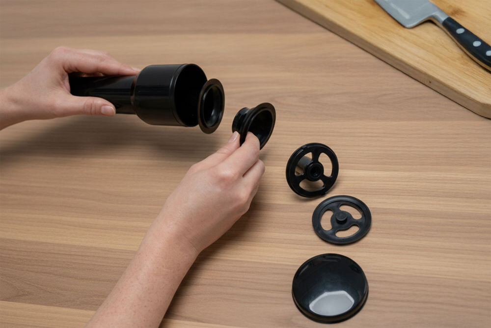 Osoba trzyma czarną część urządzenia kuchennego, obok leżą trzy wymienne elementy. W tle znajduje się deska do krojenia z nożem.