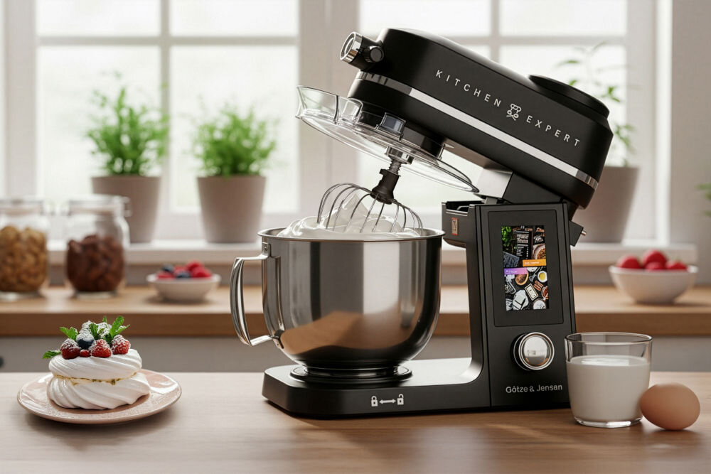 Na blacie kuchennym stoi robot kuchenny planetarny z metalową misą i trzepaczką, na którym widoczny jest kolorowy ekran z przepisami. Obok znajduje się szklanka mleka i jajko, a w tle widać słoiki z produktami spożywczymi oraz okno.