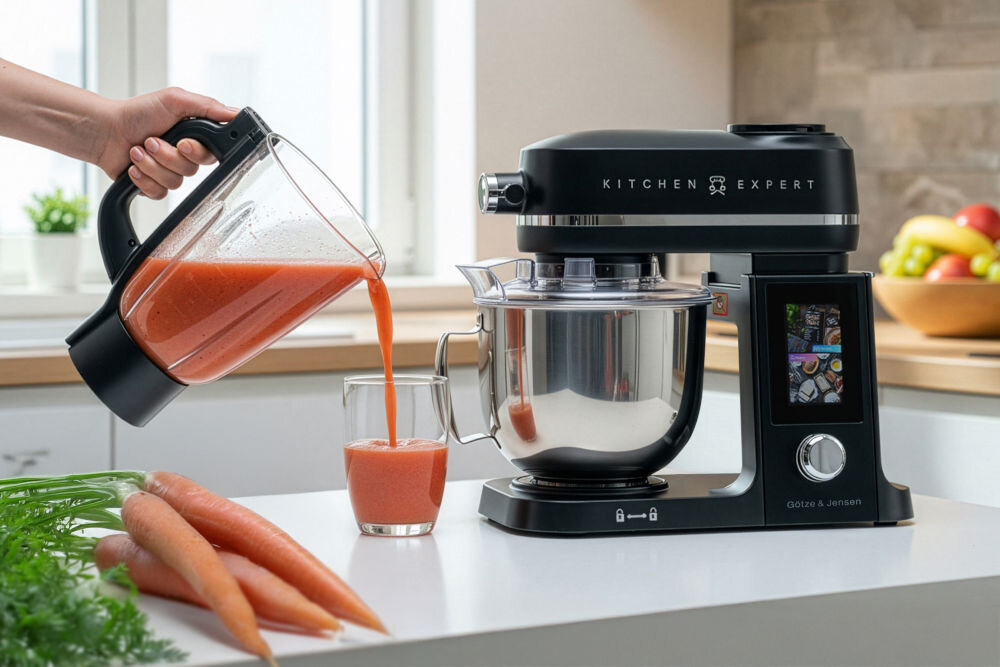 Na blacie kuchennym stoi robot kuchenny z napisem \'KITCHEN EXPERT\' i kolorowym ekranem. Obok znajduje się dzbanek z czerwonym płynem, który jest wlewany do szklanki, a na blacie leżą marchewki.