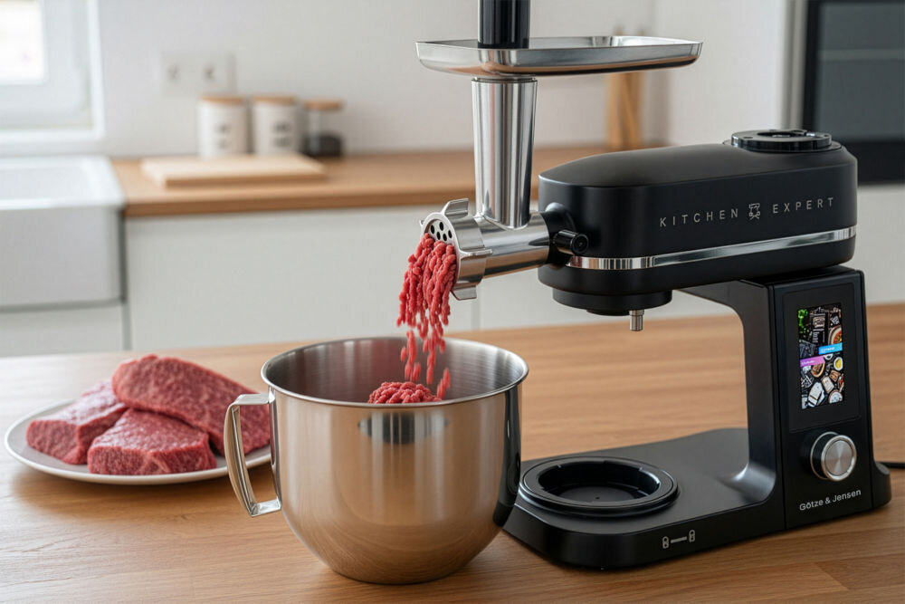 Na blacie kuchennym stoi robot kuchenny z logo \'KITCHEN EXPERT\', mielący mięso do metalowej miski. Obok na talerzu leżą kawałki surowego mięsa, a na urządzeniu widoczny jest kolorowy ekran.
